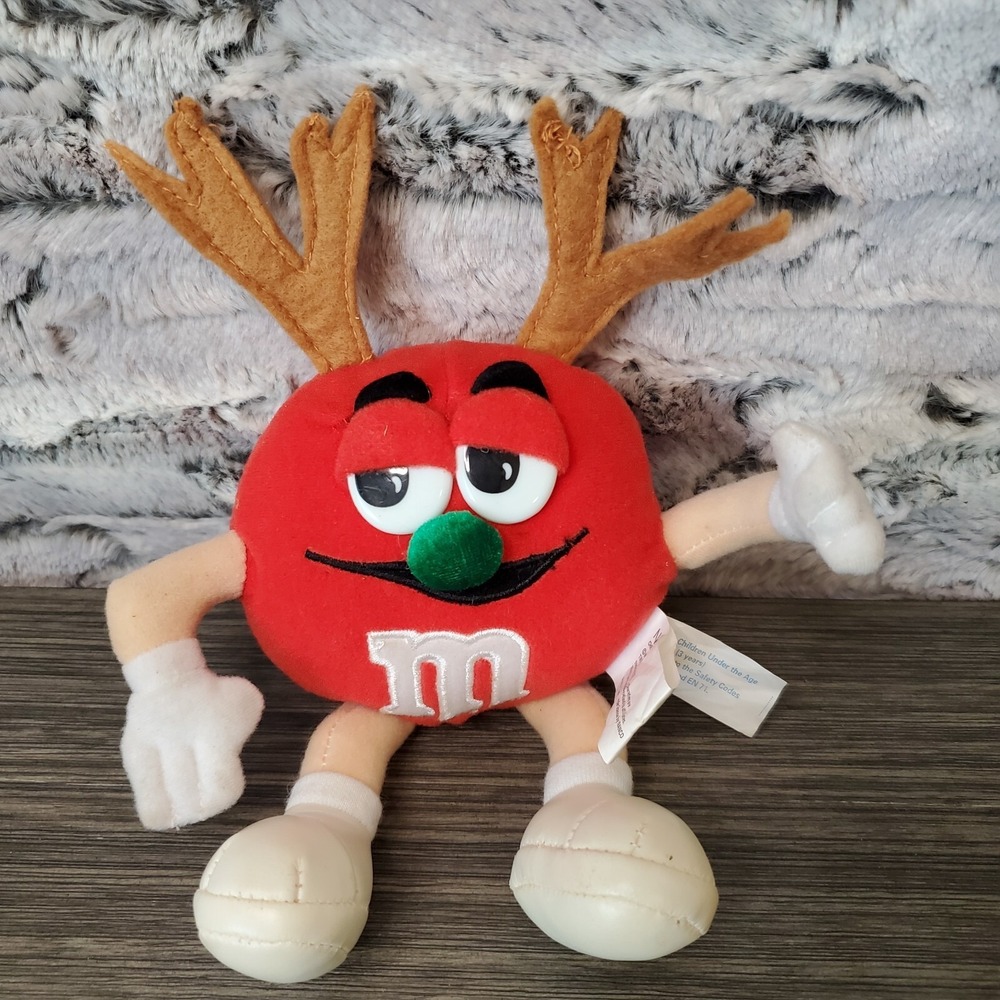 VINTAGE 2002 RED M&m Plush With Green Pom POM Nose Christmas Reindeer Antlers